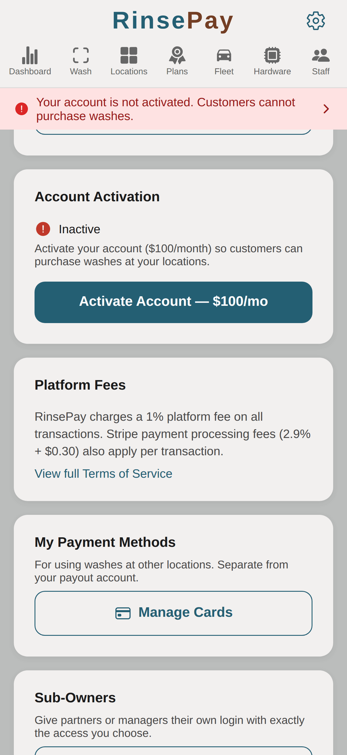 Settings — Account Activation card with the Activate Account button.