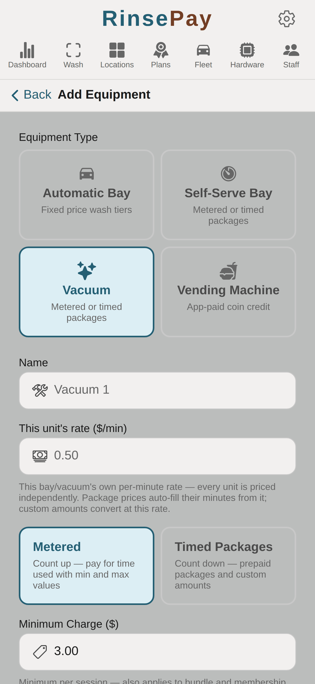 Add Equipment type picker with Vacuum selected.