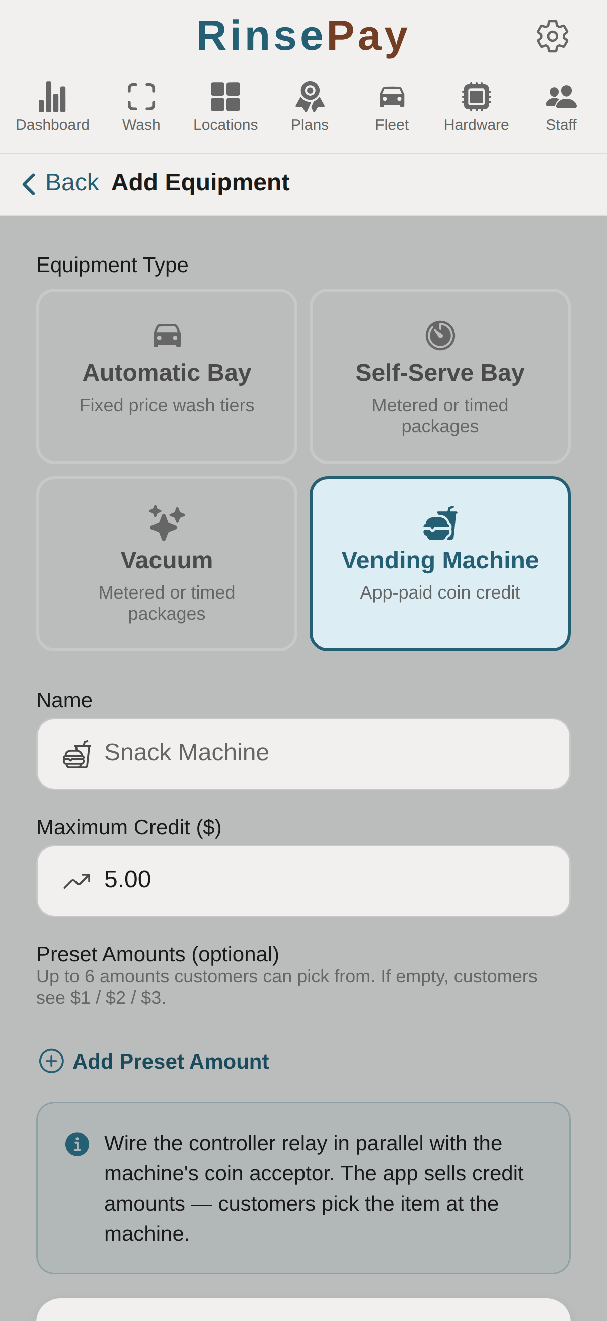 Add Equipment type picker with Vending Machine selected.