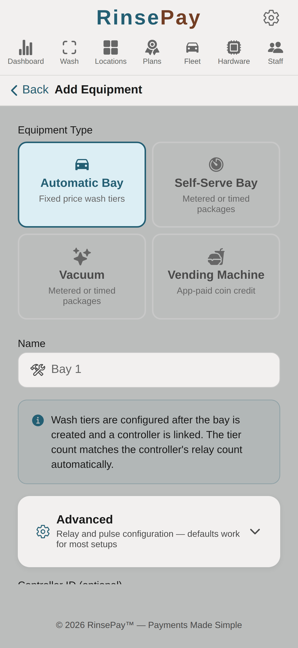 Add Equipment type picker — Automatic Bay, Self-Serve Bay, Vacuum, Vending Machine.