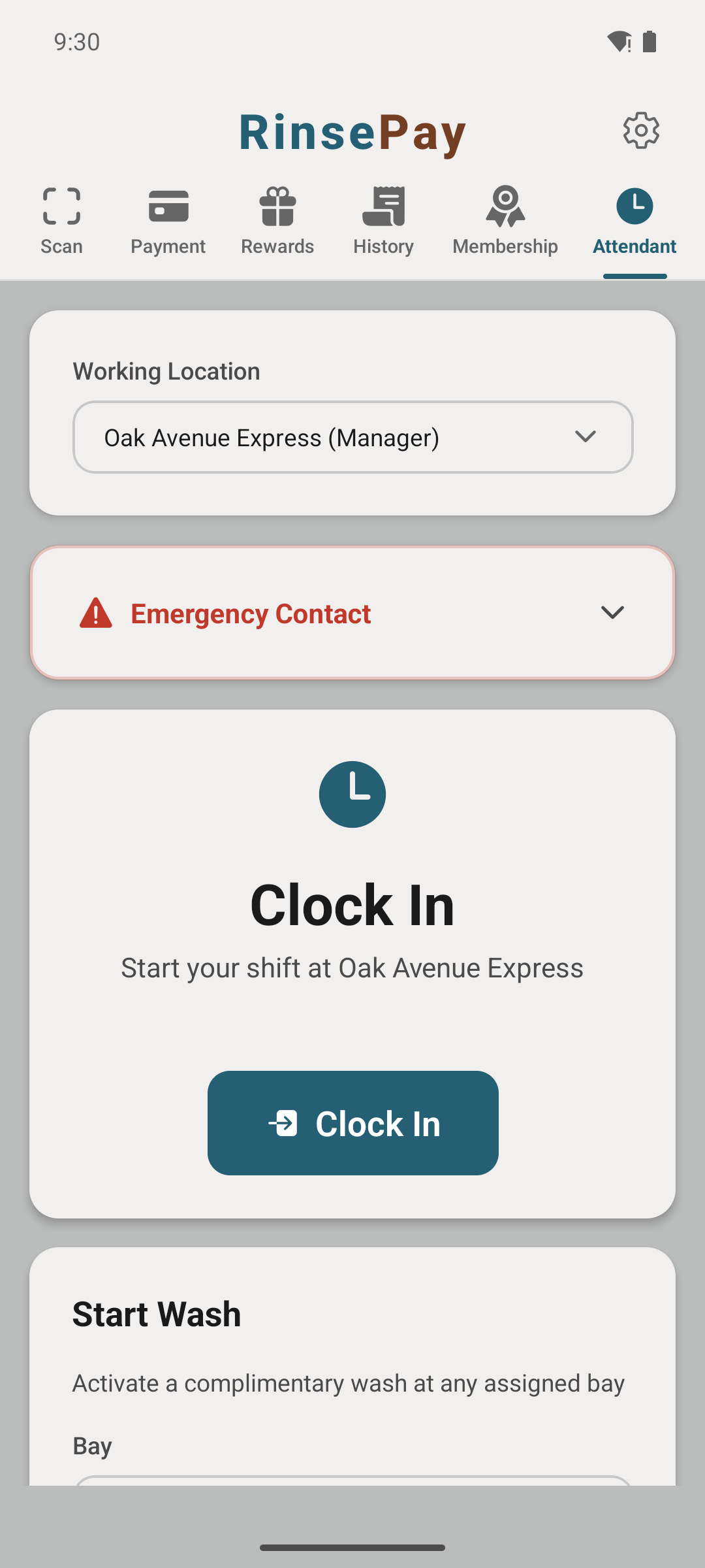 Attendant home — working location and start-wash button.