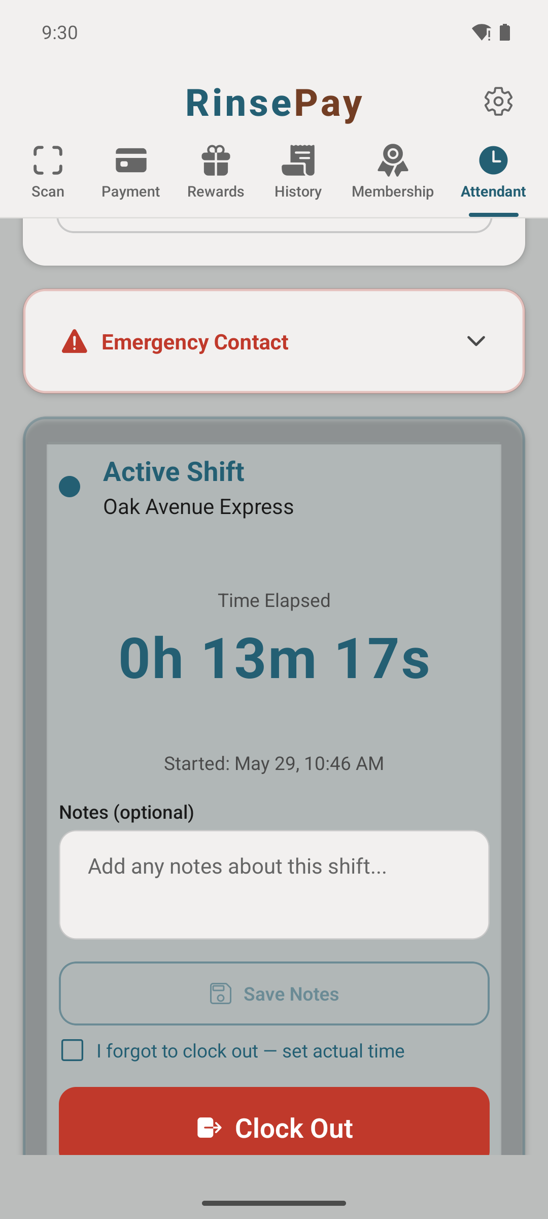 Attendant shift notes + emergency contact.