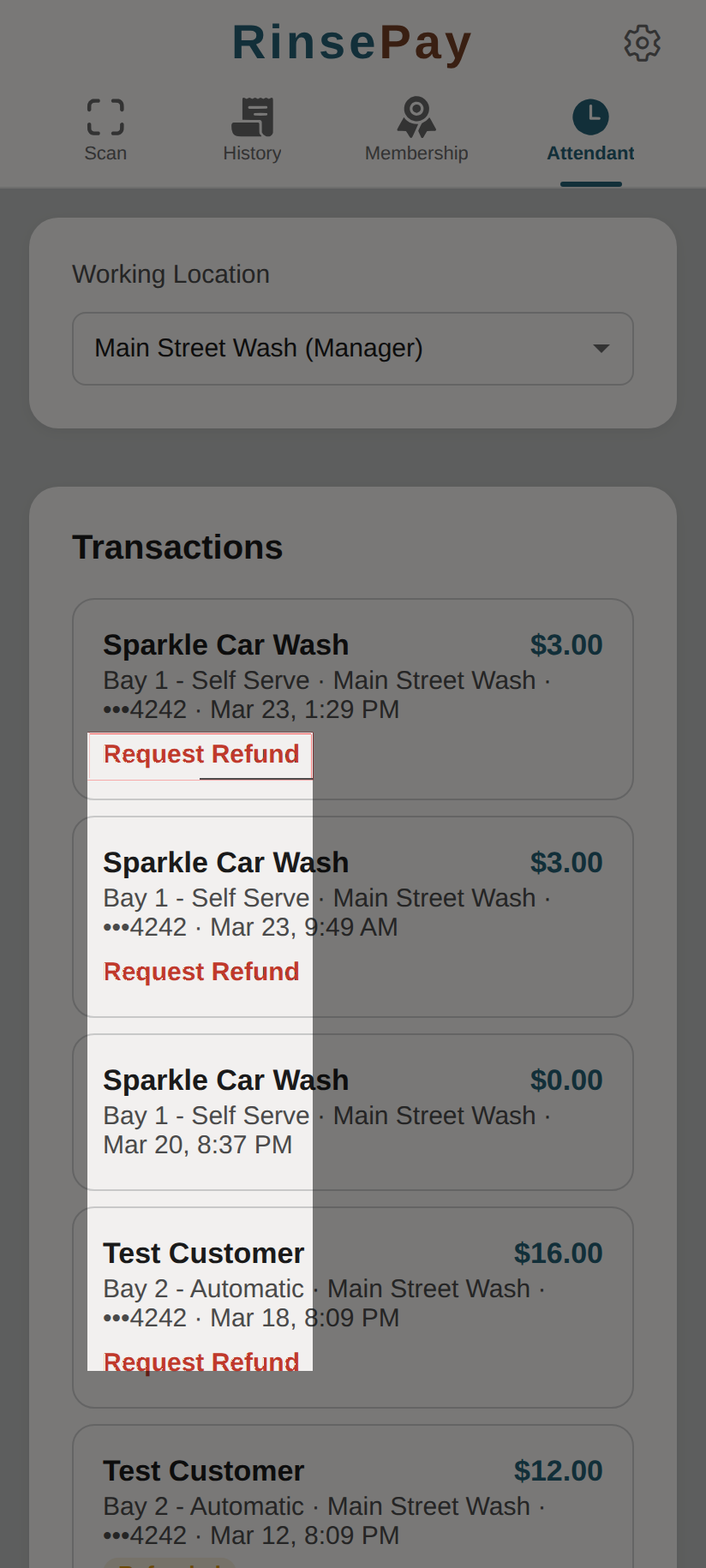 Attendant refund flow — pick from sales list.