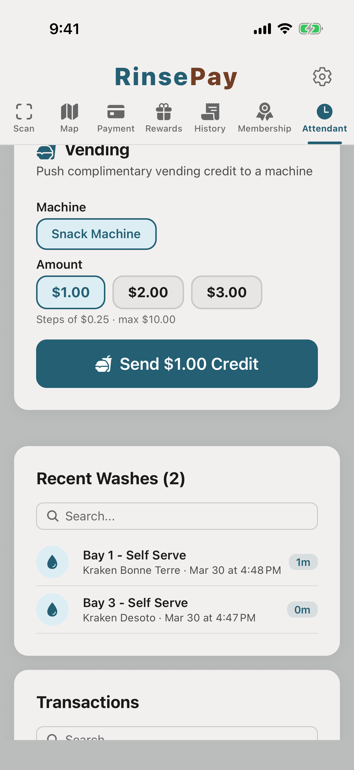 Attendant vending comp card — pick machine and amount, send credit.