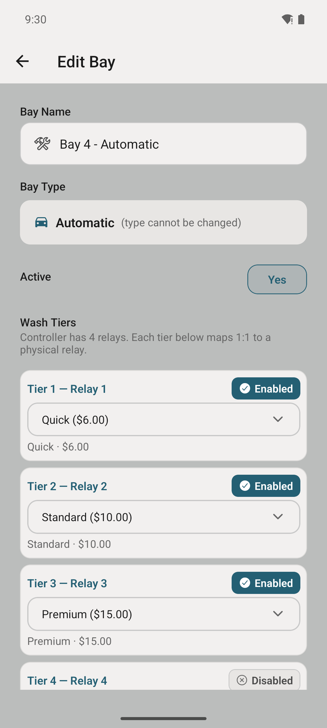 Automatic bay pricing configuration — 4-tier layout.