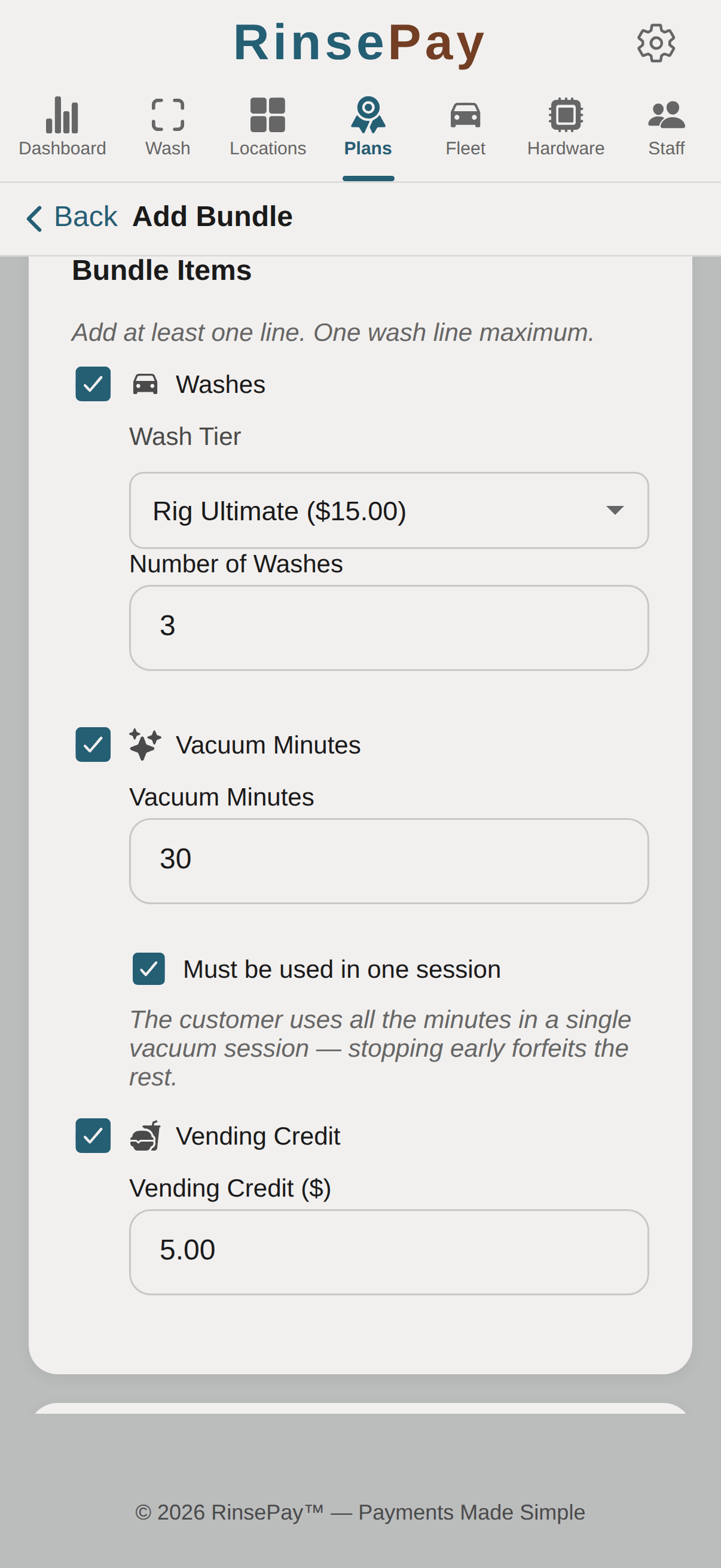 Create bundle — wash, vacuum minutes with must-be-used-in-one-session option, and vending credit lines.