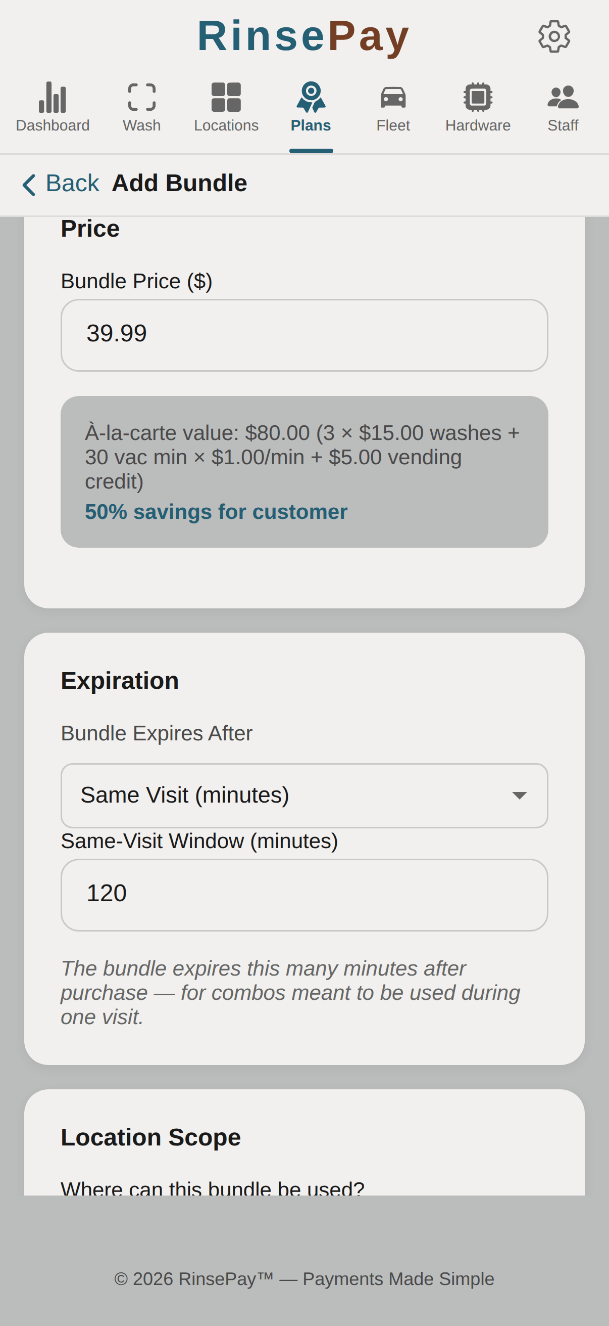 Bundle price with à-la-carte savings comparison, and same-visit expiration window.