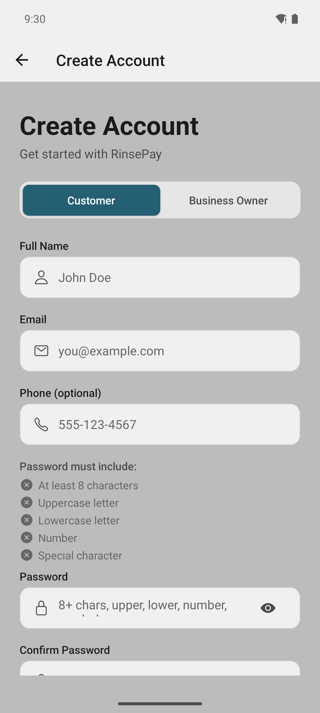 Customer signup screen.