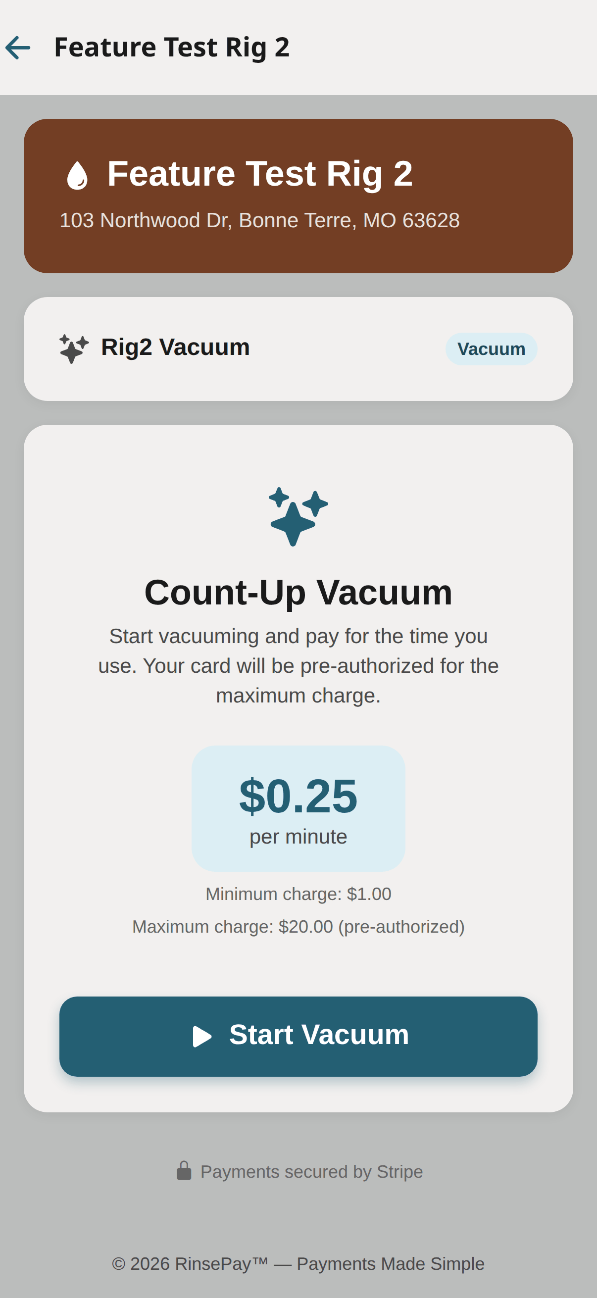 Customer count-up vacuum screen — rate, min and max, Start Vacuum.