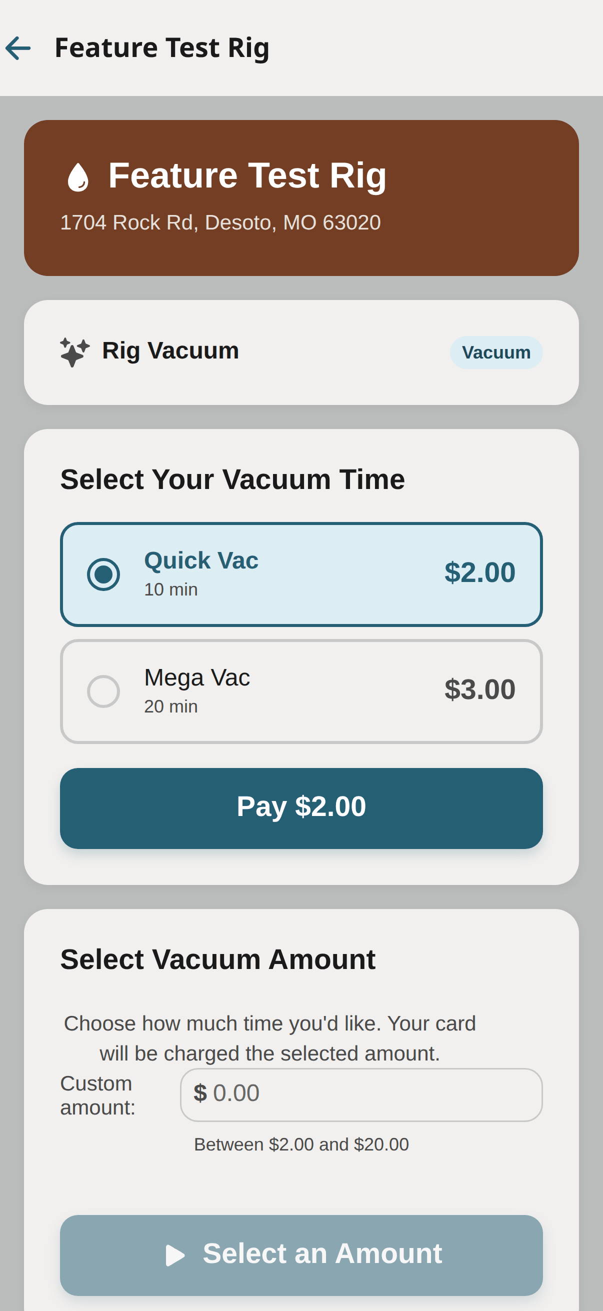 Customer vacuum pay screen — timed packages and custom amount.
