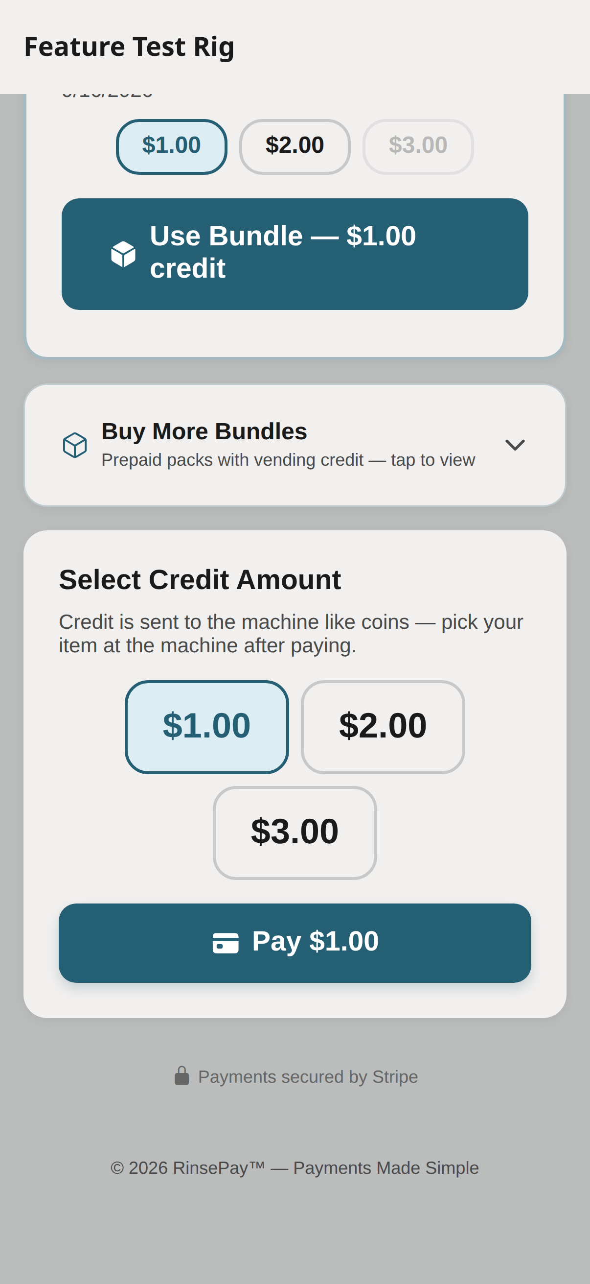 Customer vending screen — card credit amounts and pay button.