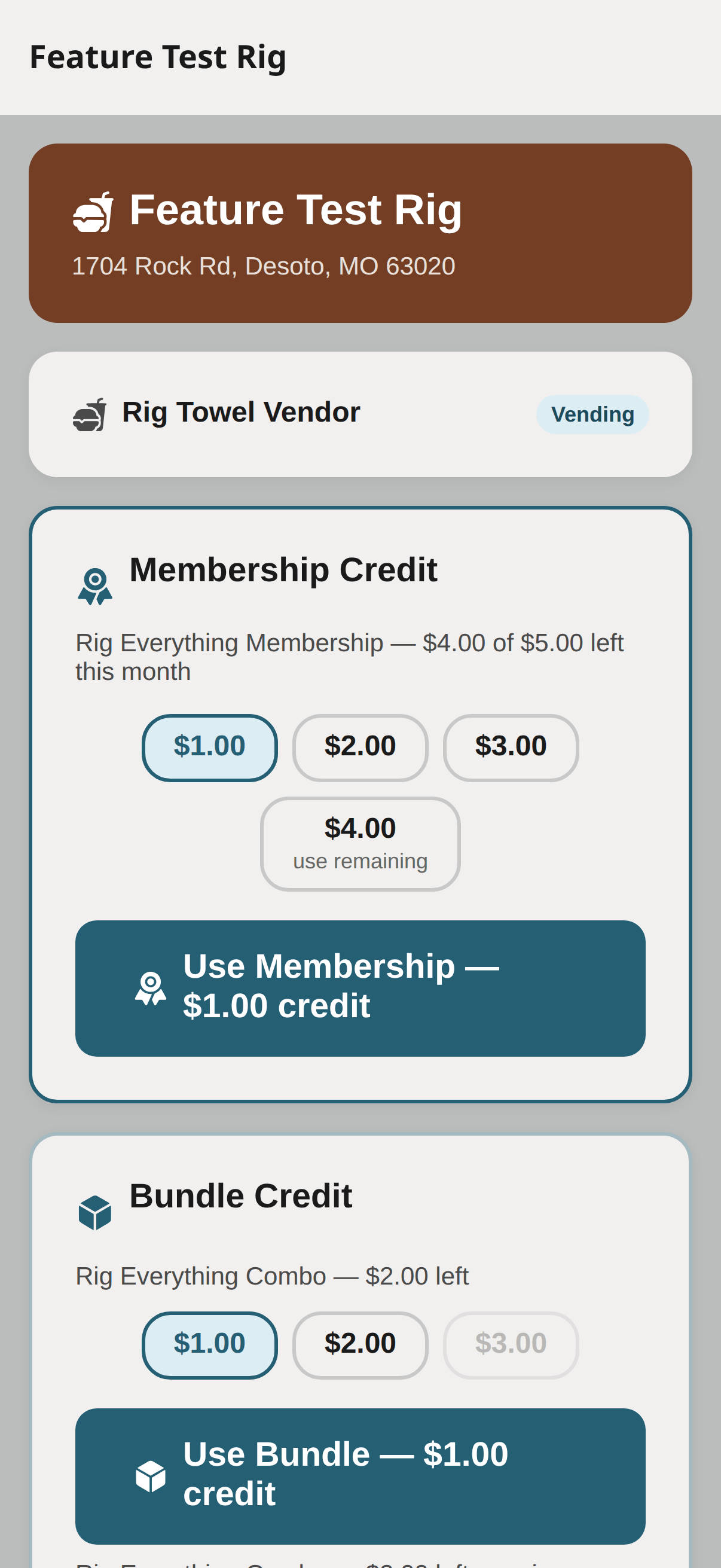 Customer vending credit purchase screen — select credit amount.