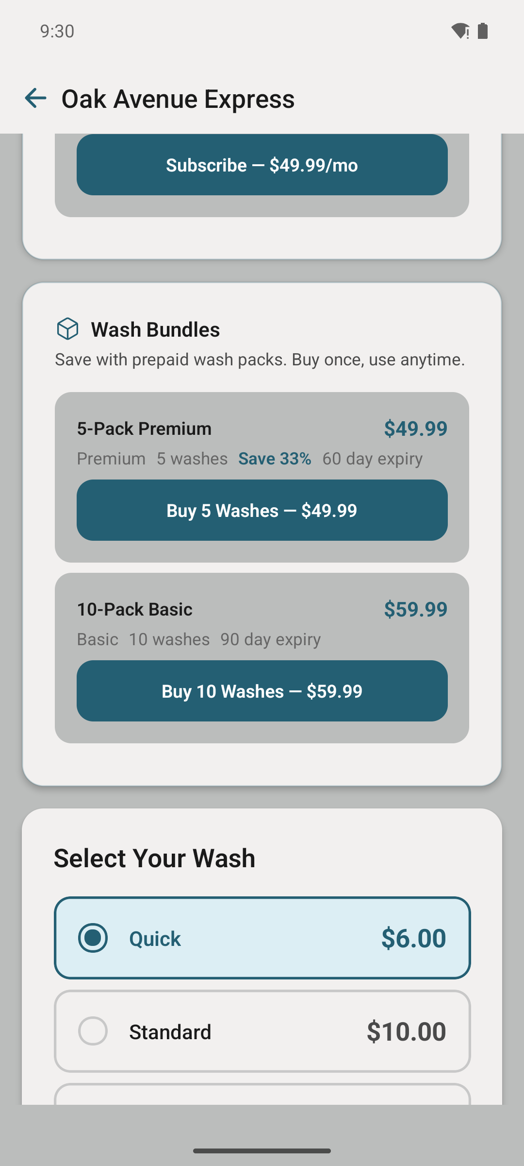 Customer wash page with bundle as a payment option.
