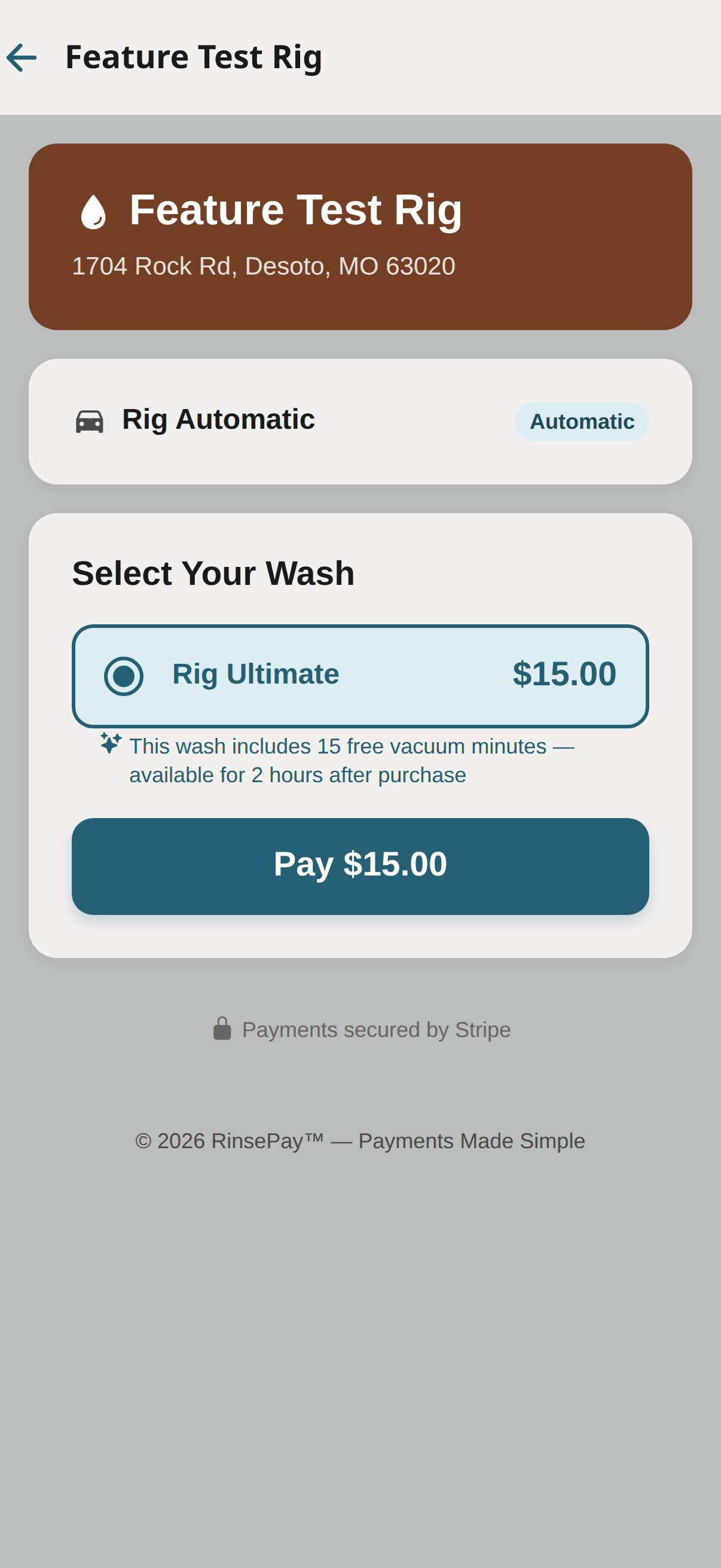 Customer wash page — tier note: this wash includes 15 free vacuum minutes.