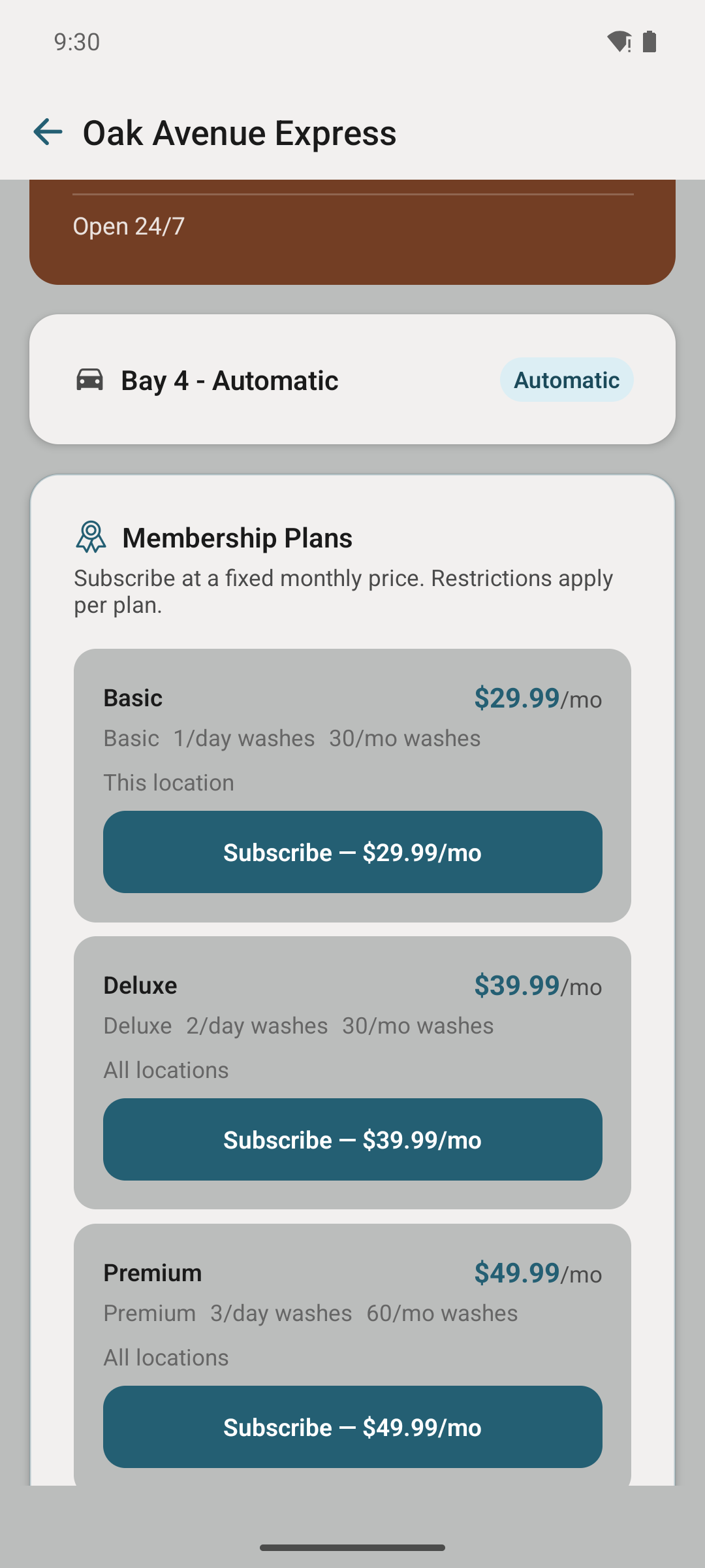 Customer wash page with membership as a payment option.