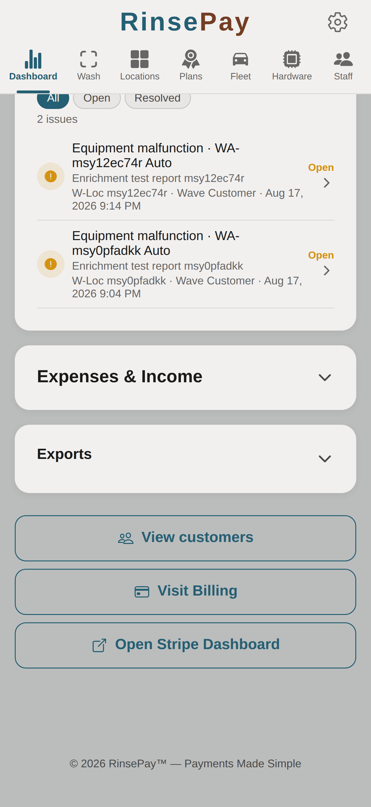 Owner dashboard — Visit Billing button directly below View customers.