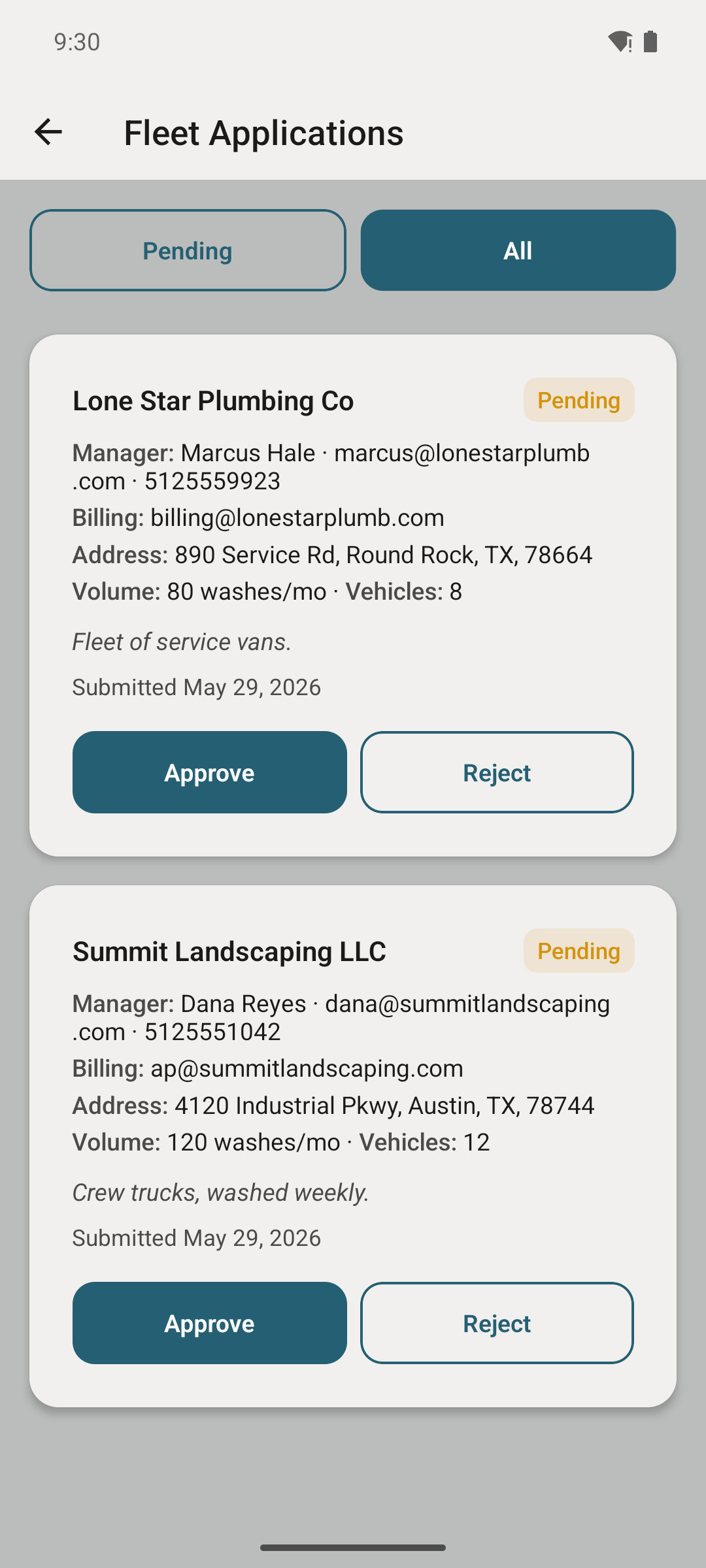 Pending fleet applications list.
