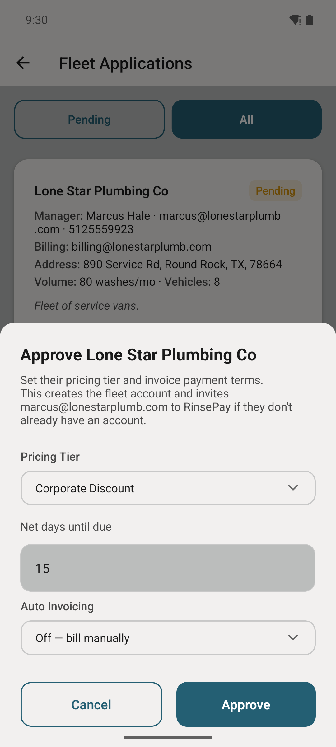 Approve a fleet application — tier, terms, auto-invoicing.