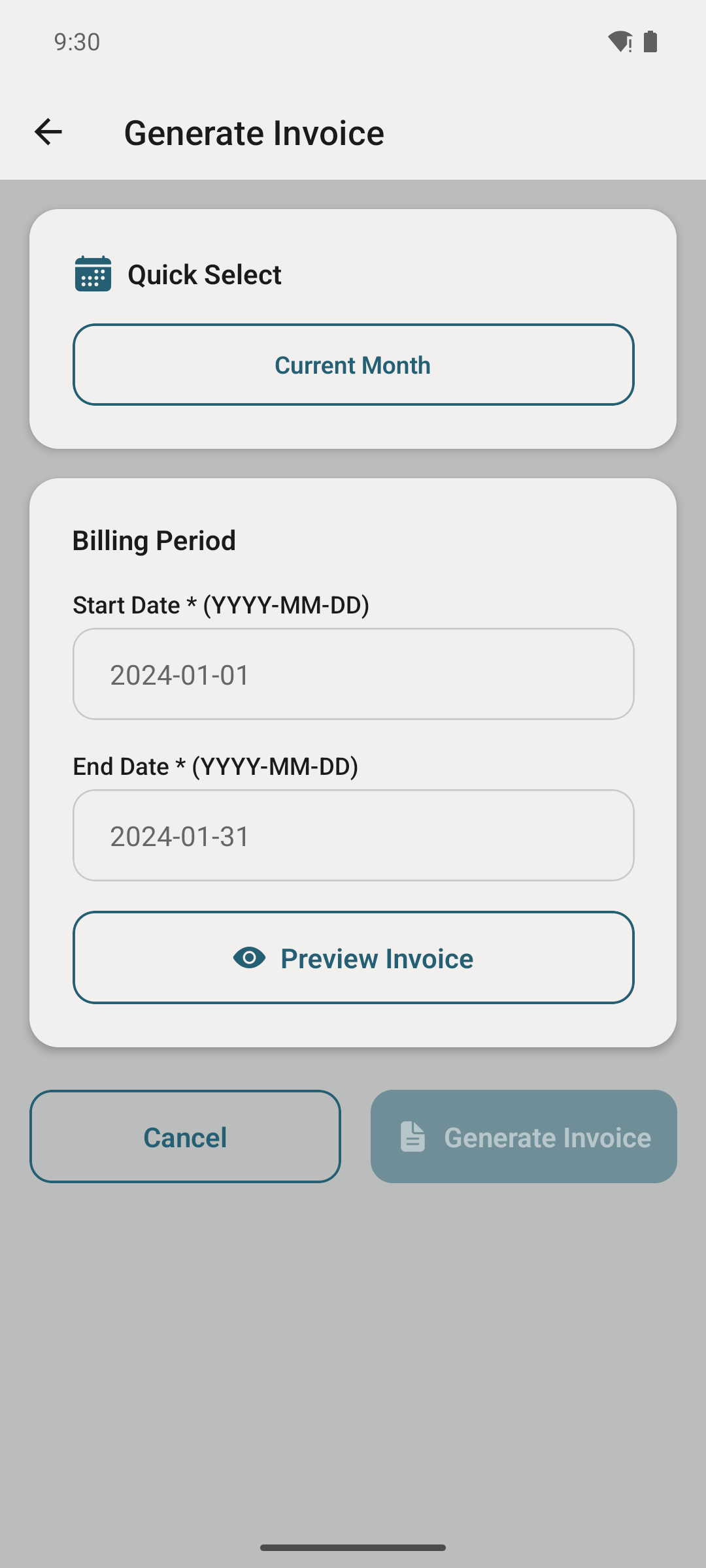 Generate fleet invoice screen.