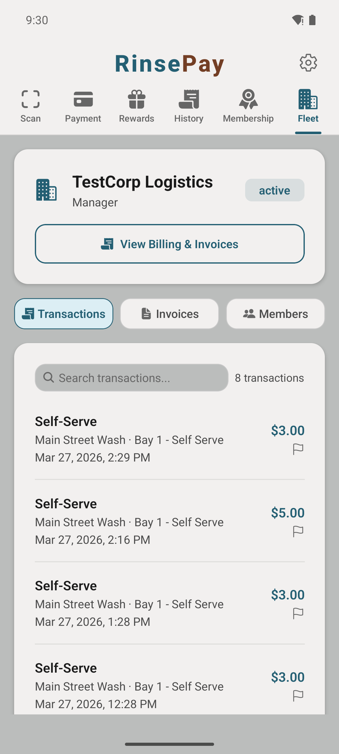 Fleet manager header in the app.