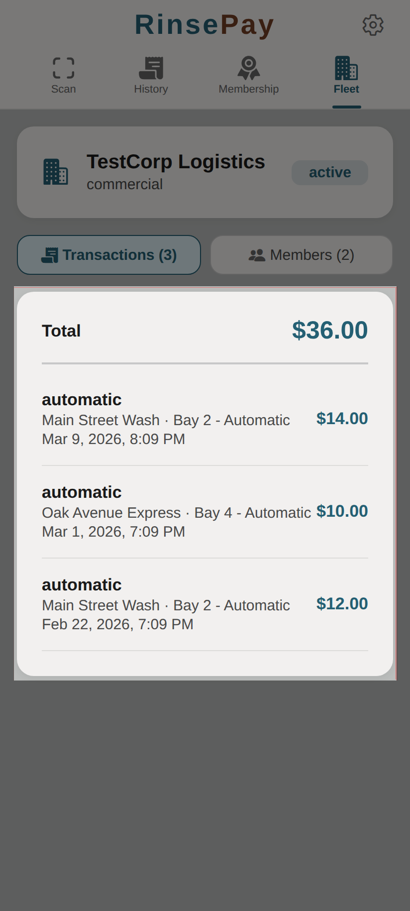 Fleet transactions view.