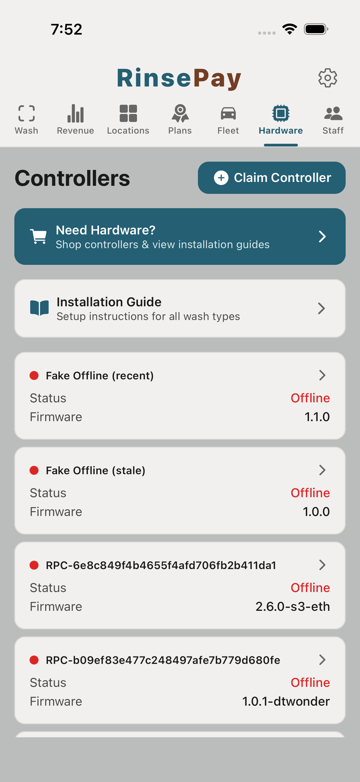 Hardware status screen.