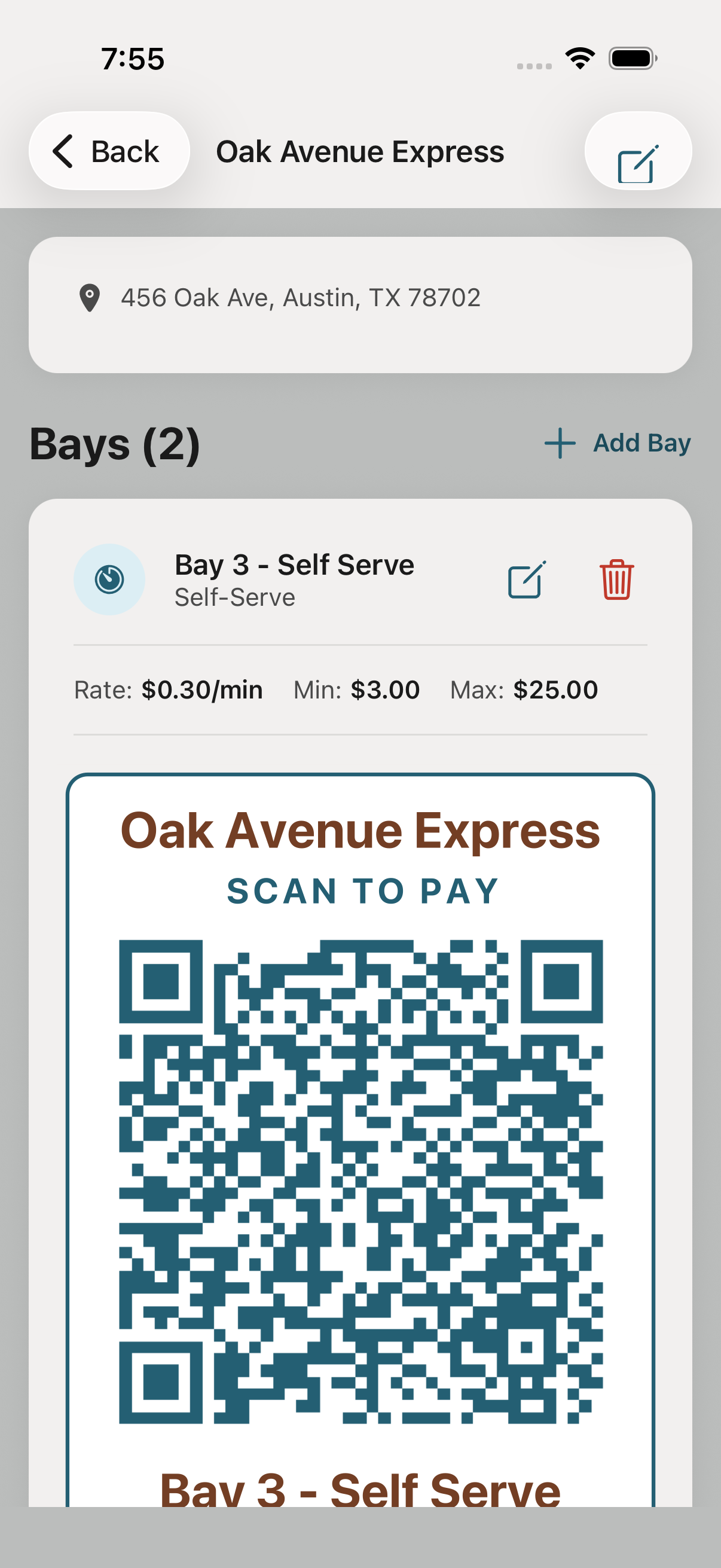 Location card on owner dashboard.
