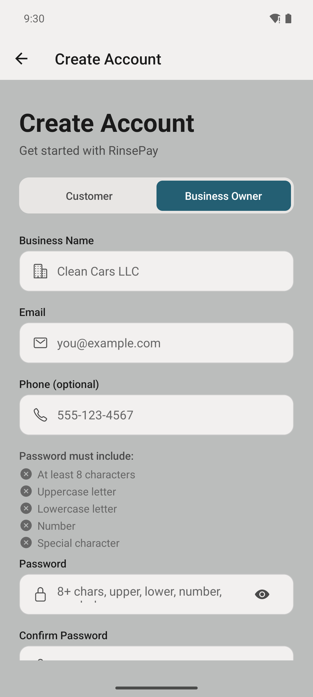 Owner account signup screen.