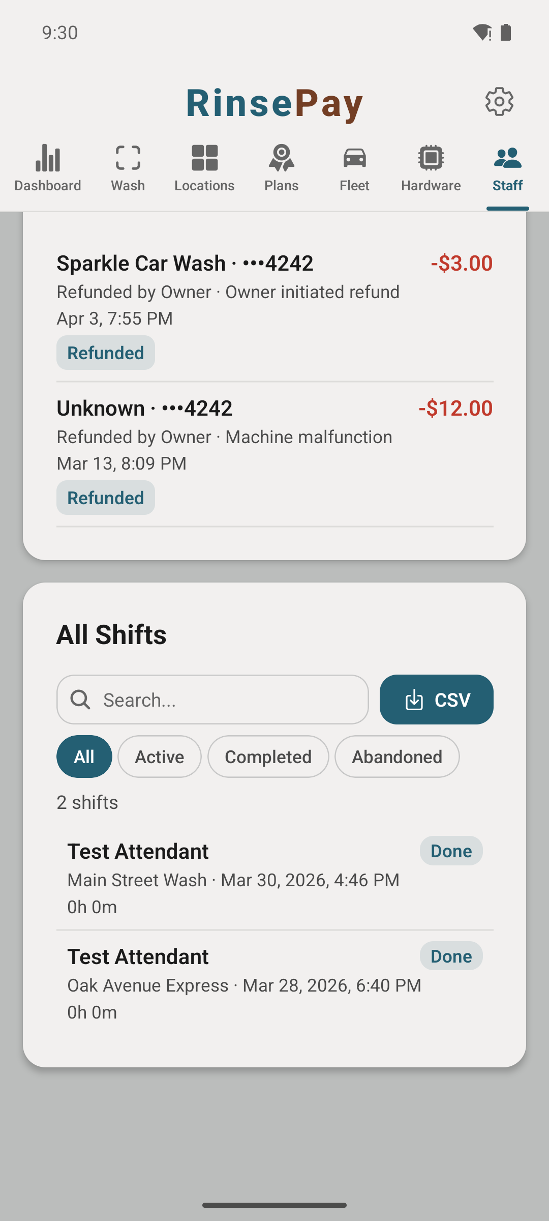 Owner's view of attendant shifts.