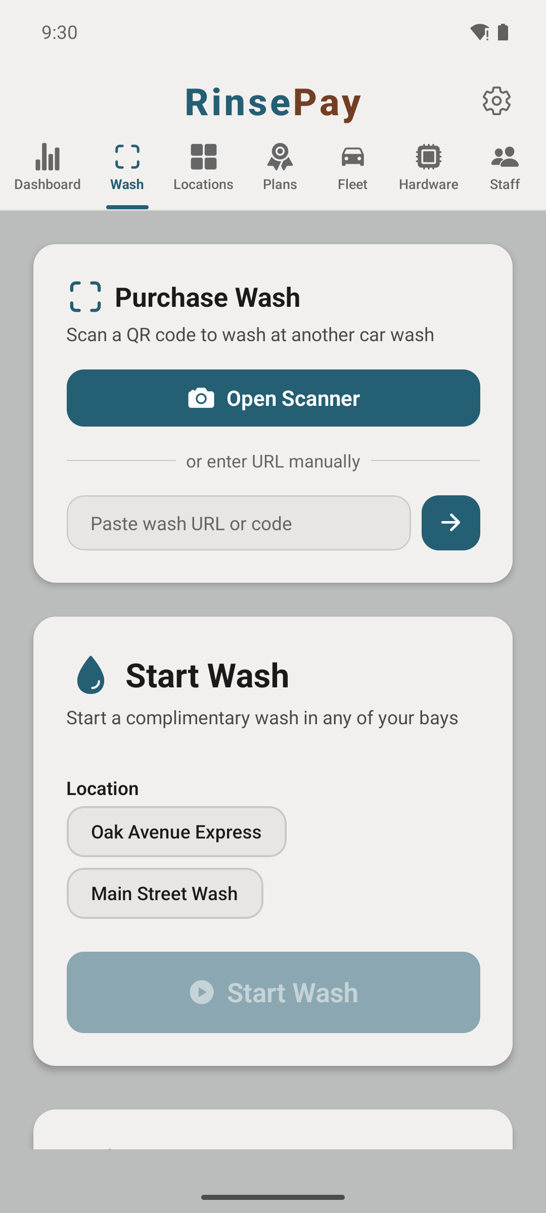 Owner Scan tab — start wash without paying.