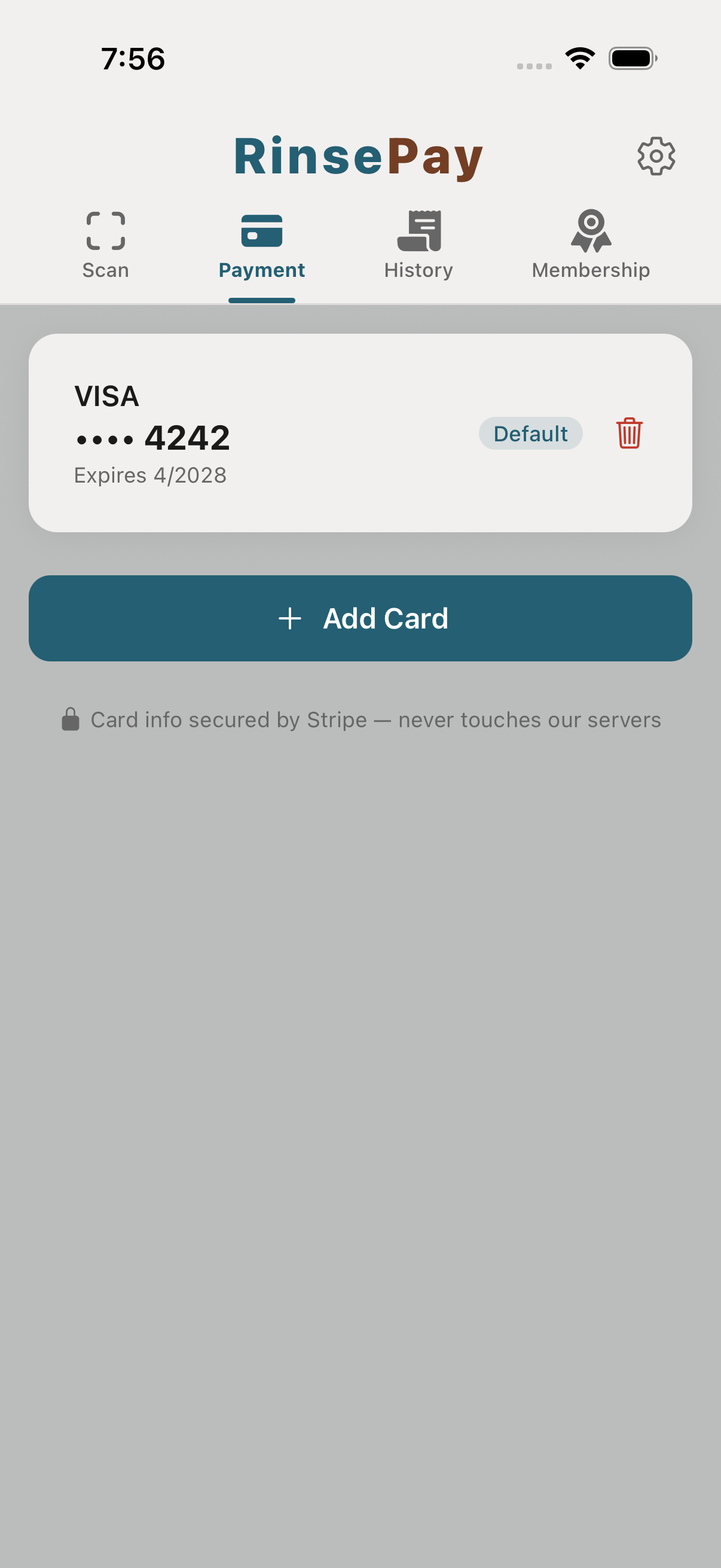 Payment tab — manage cards.