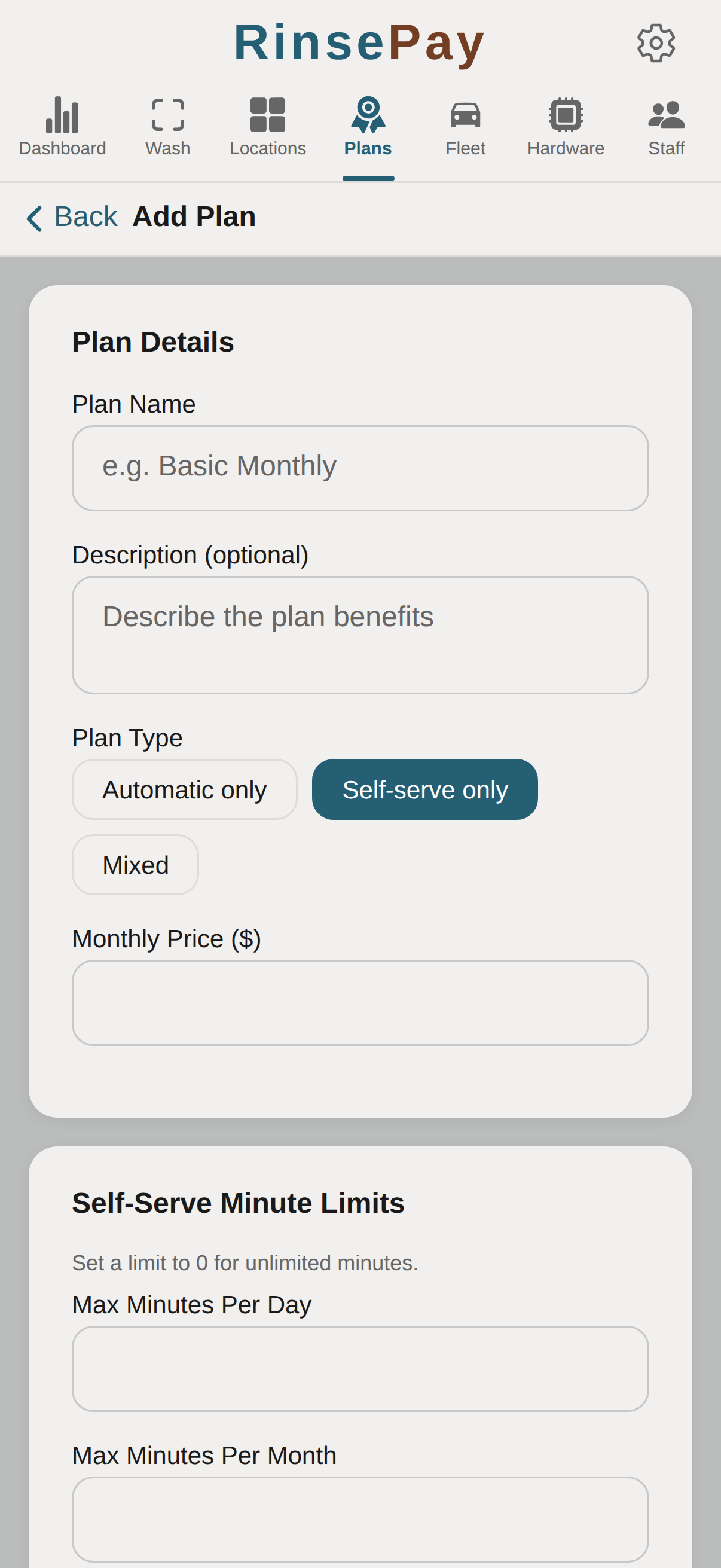 Create plan — Self-serve only plan type with daily and monthly minute limits.