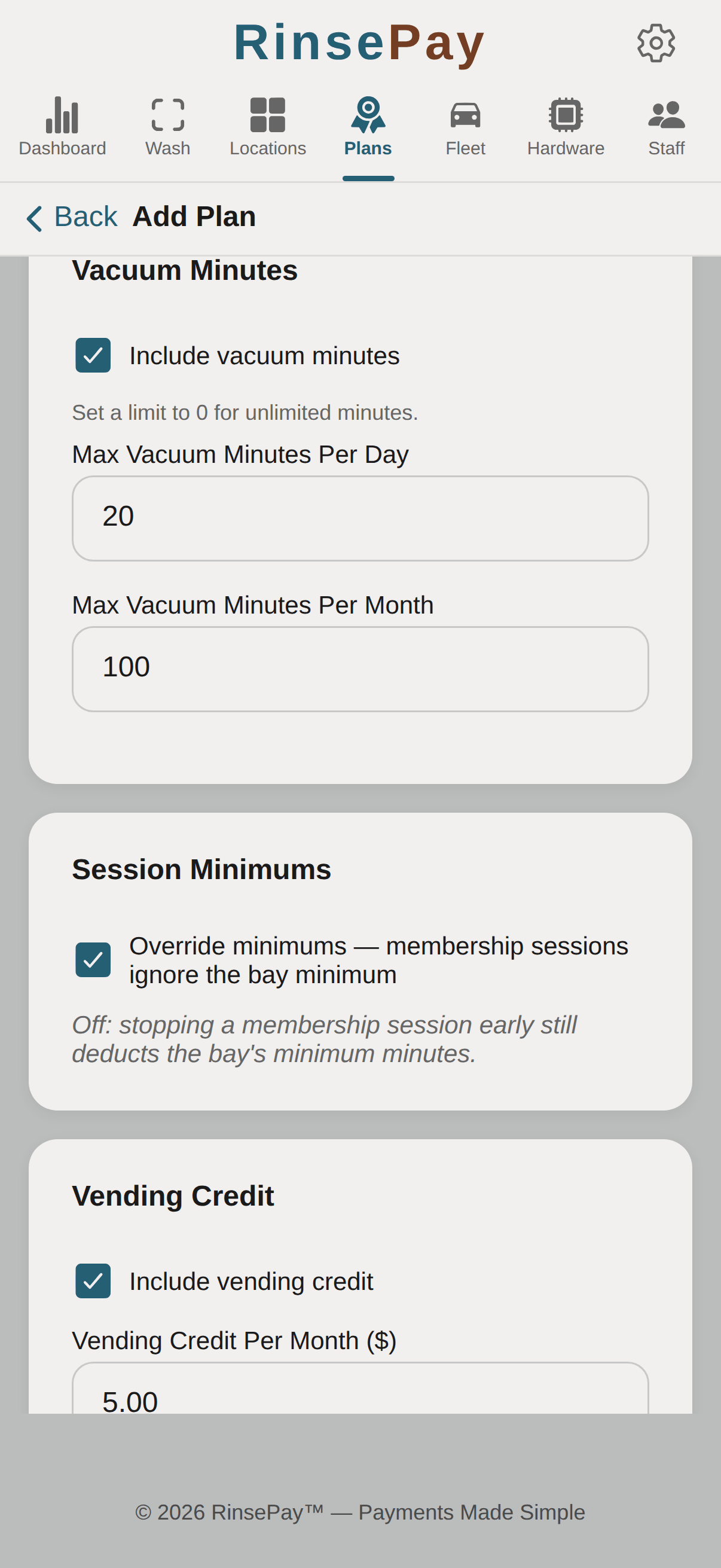 Plan editor — vacuum minutes per day/month, Override minimums toggle, monthly vending credit.