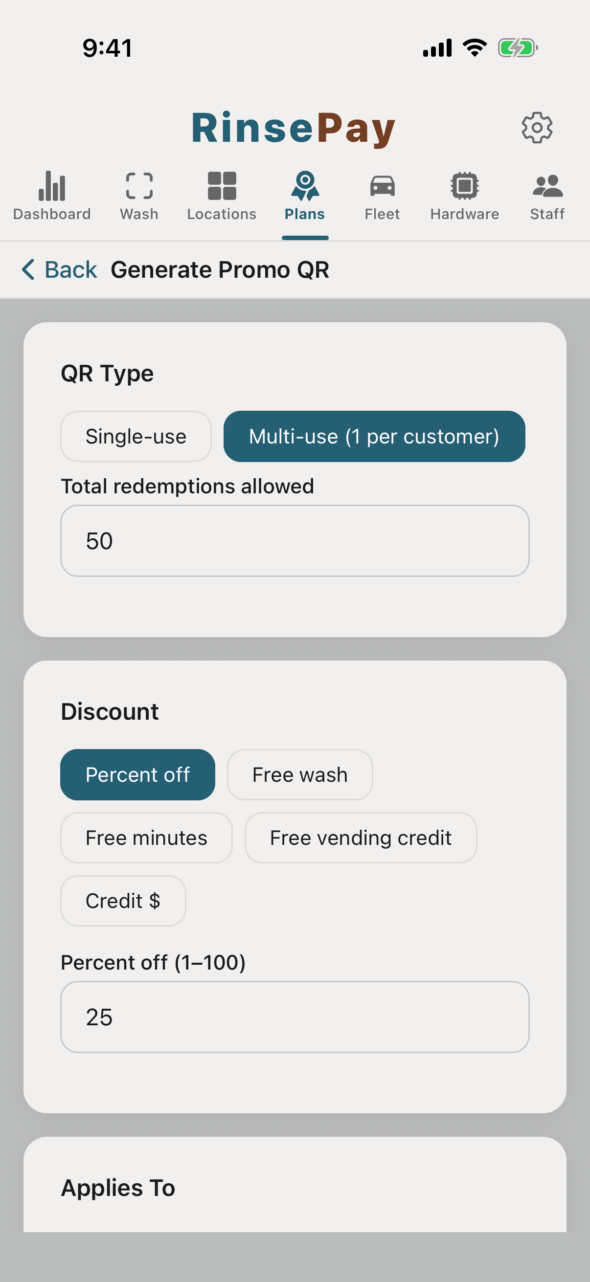 Generate Promo QR screen — five offer kinds: Percent off, Free wash, Free minutes, Free vending credit, Credit $.