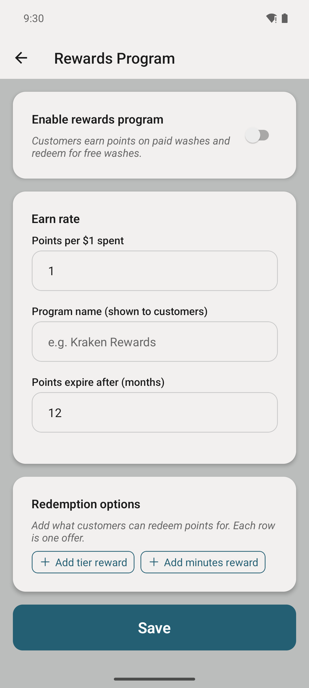 Rewards Program settings screen.