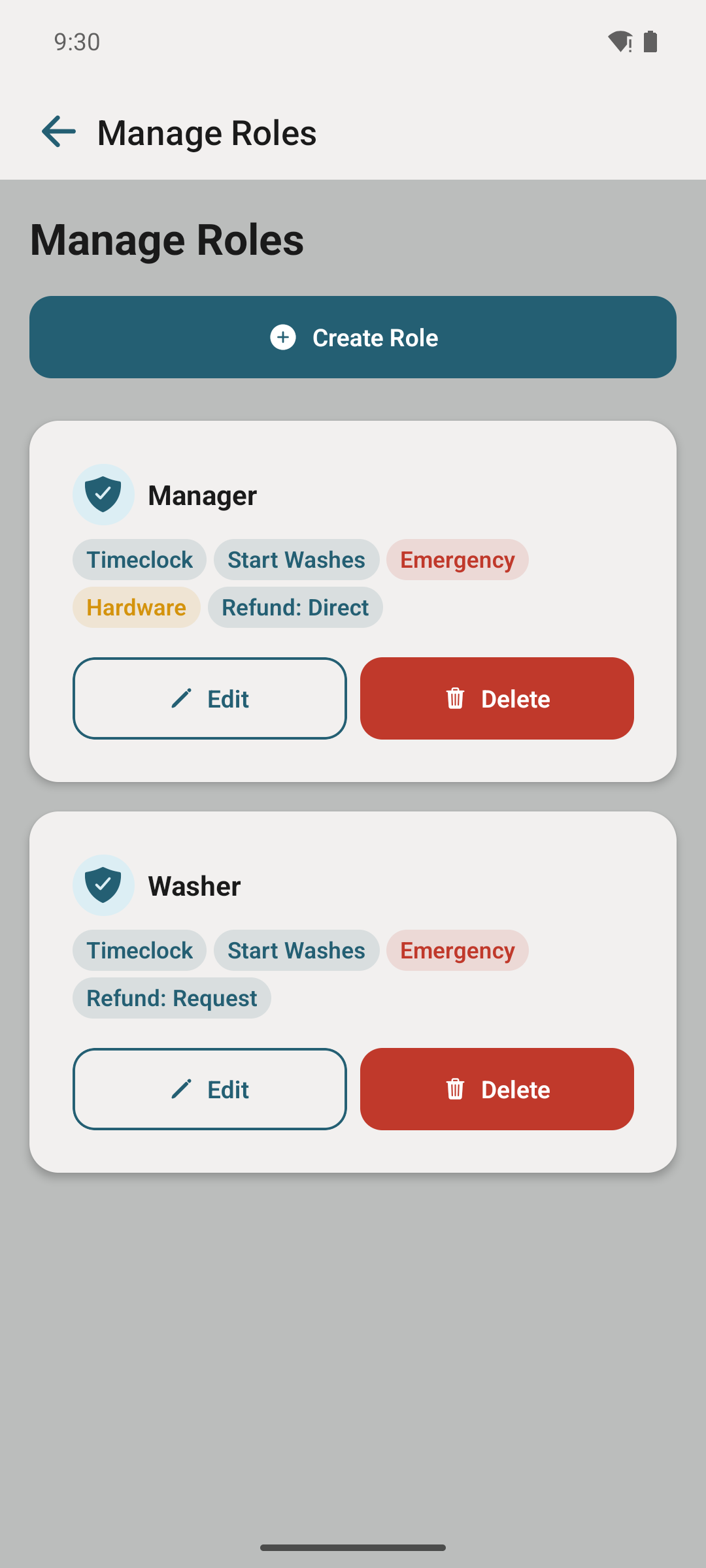 Create Role screen with permission toggles.