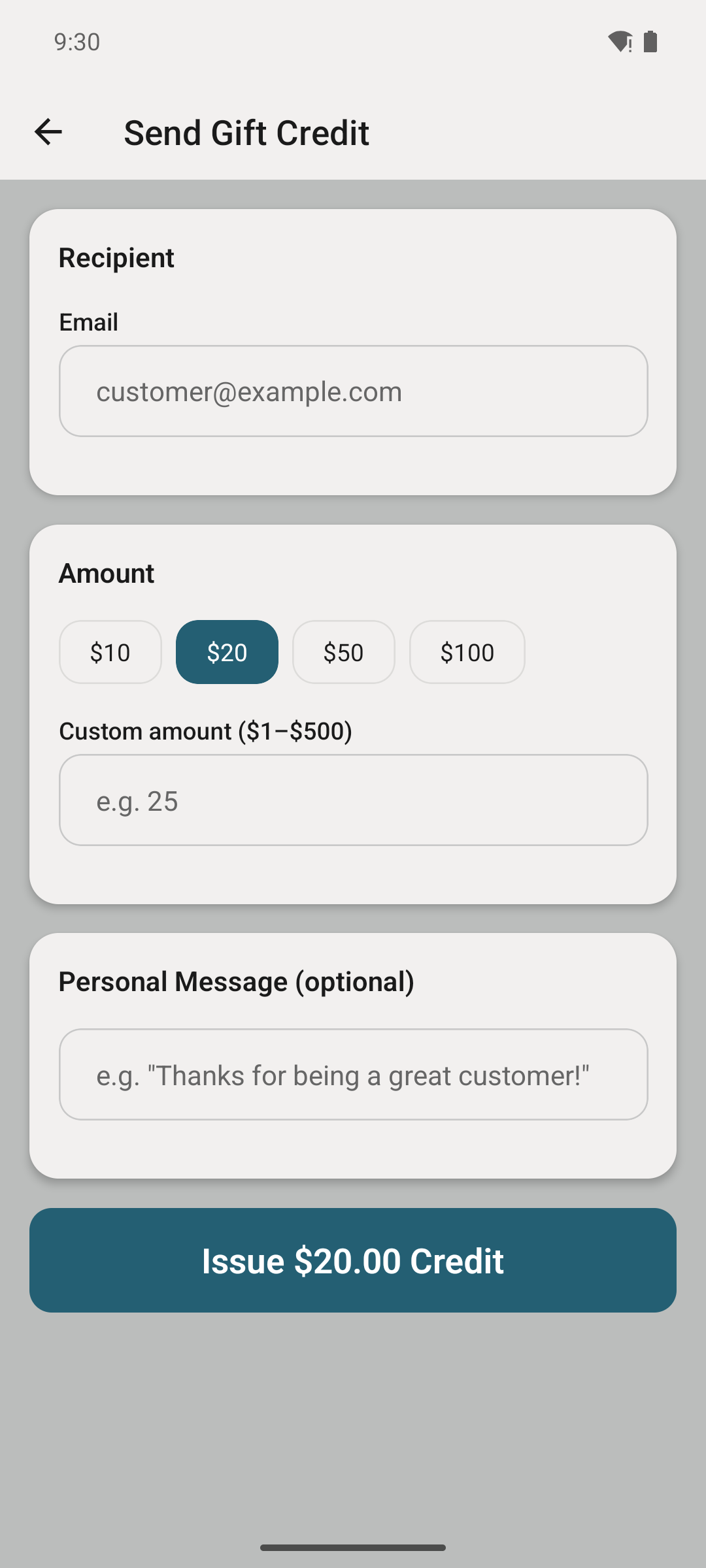 Send Gift Credit screen.