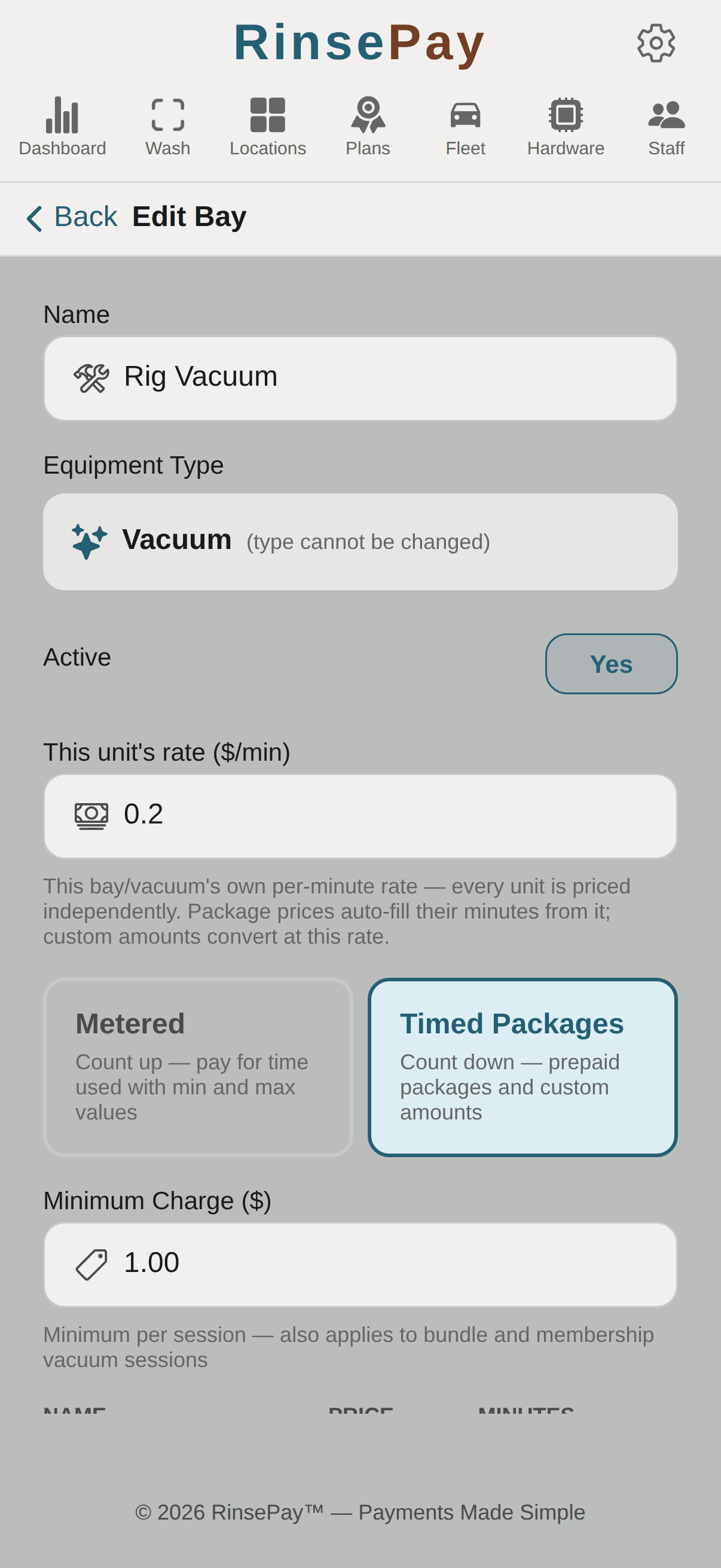 Vacuum pricing editor — This unit's rate ($/min) with Metered / Timed Packages modes.