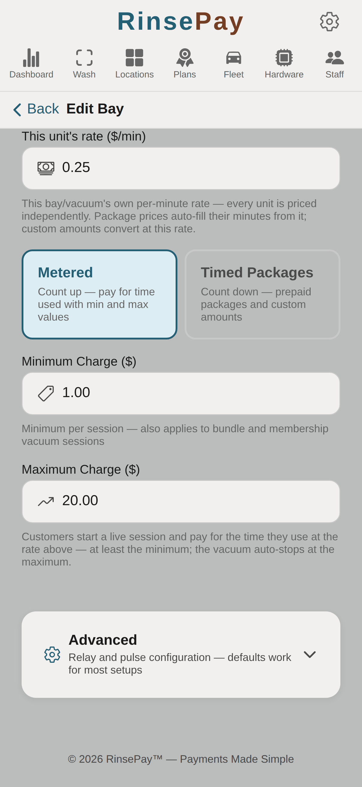 Vacuum editor in Metered mode — rate, minimum and maximum charge.