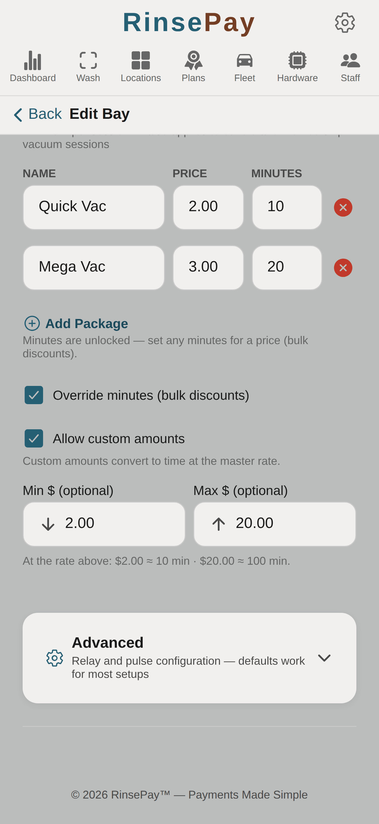 Vacuum packages editor — package rows, override minutes, custom amount Min/Max bounds.