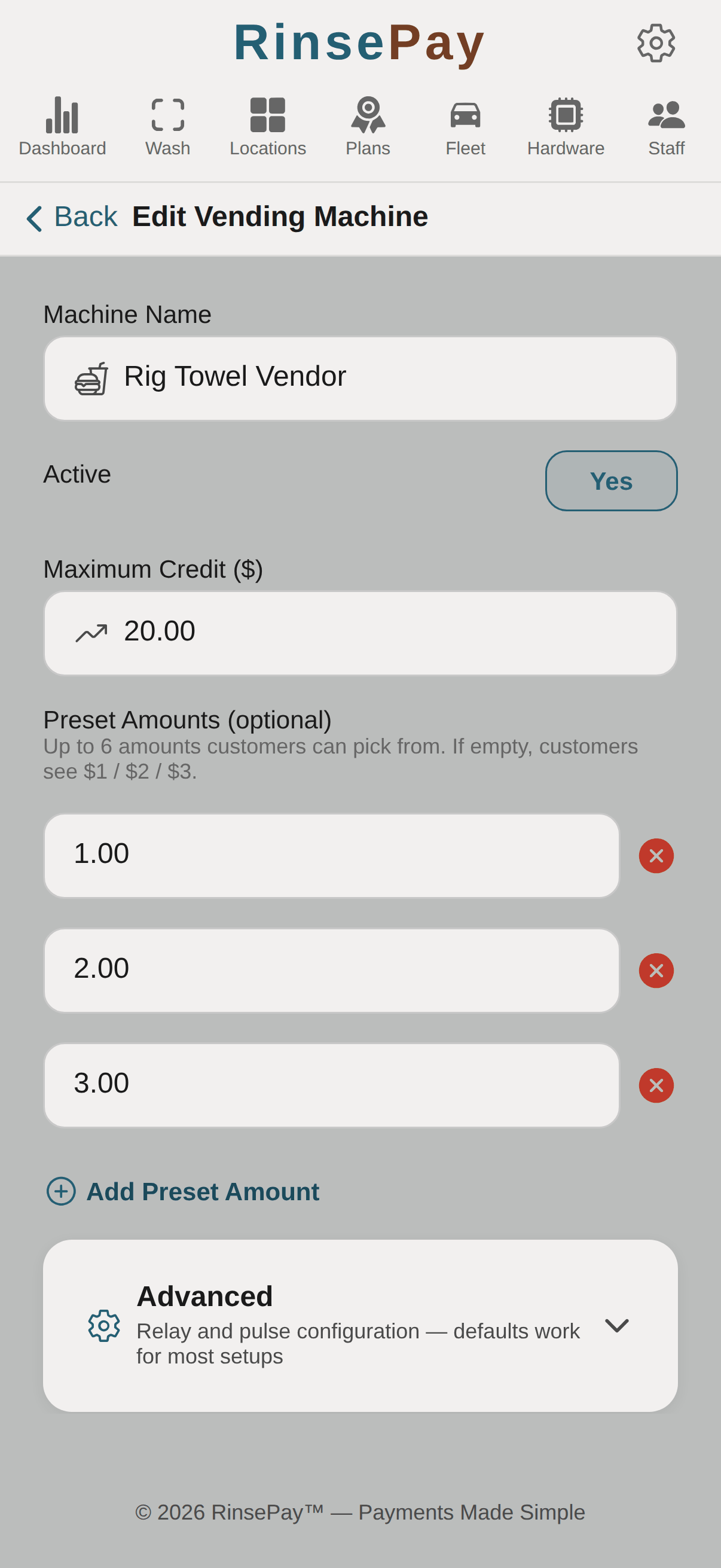 Vending machine editor — maximum credit and preset amounts.
