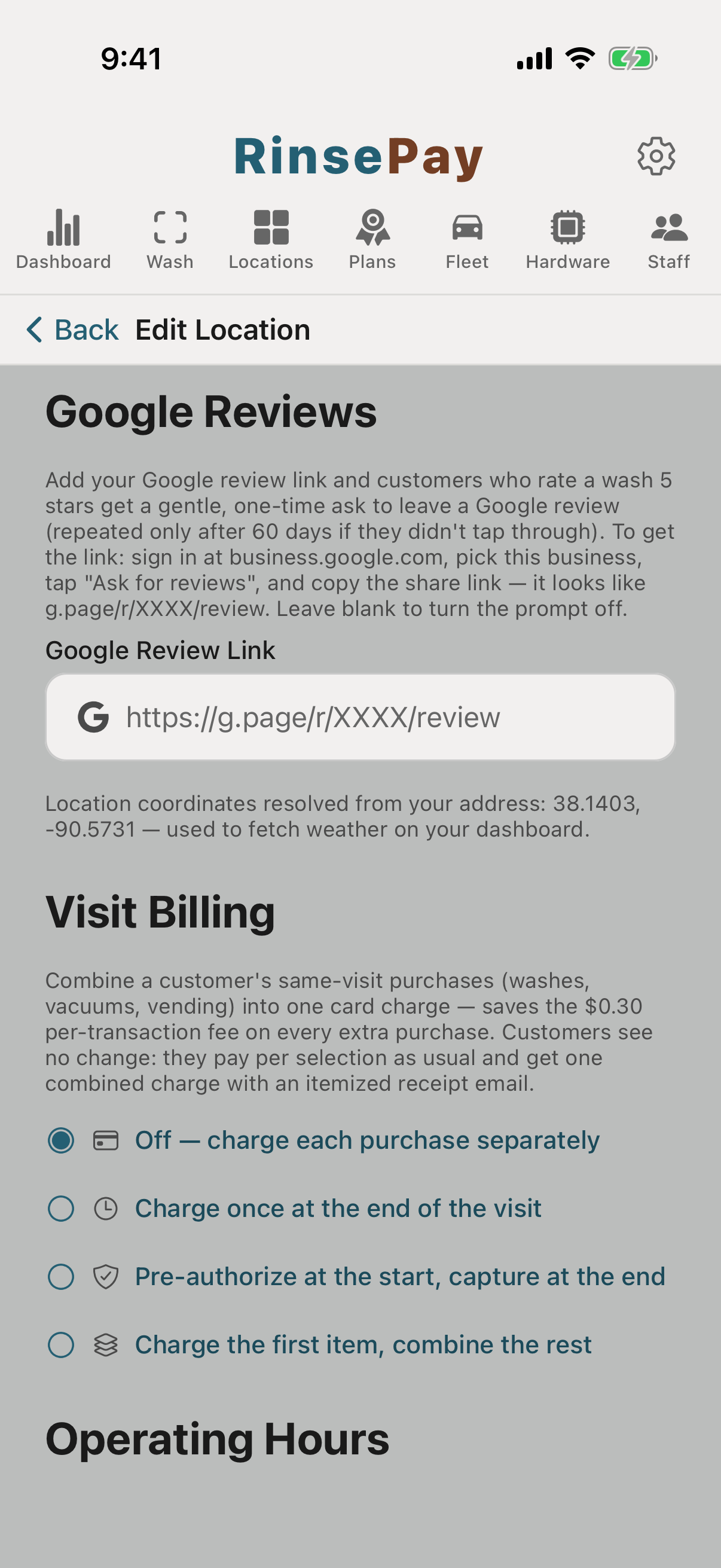 Visit Billing settings on the location edit screen — four modes.