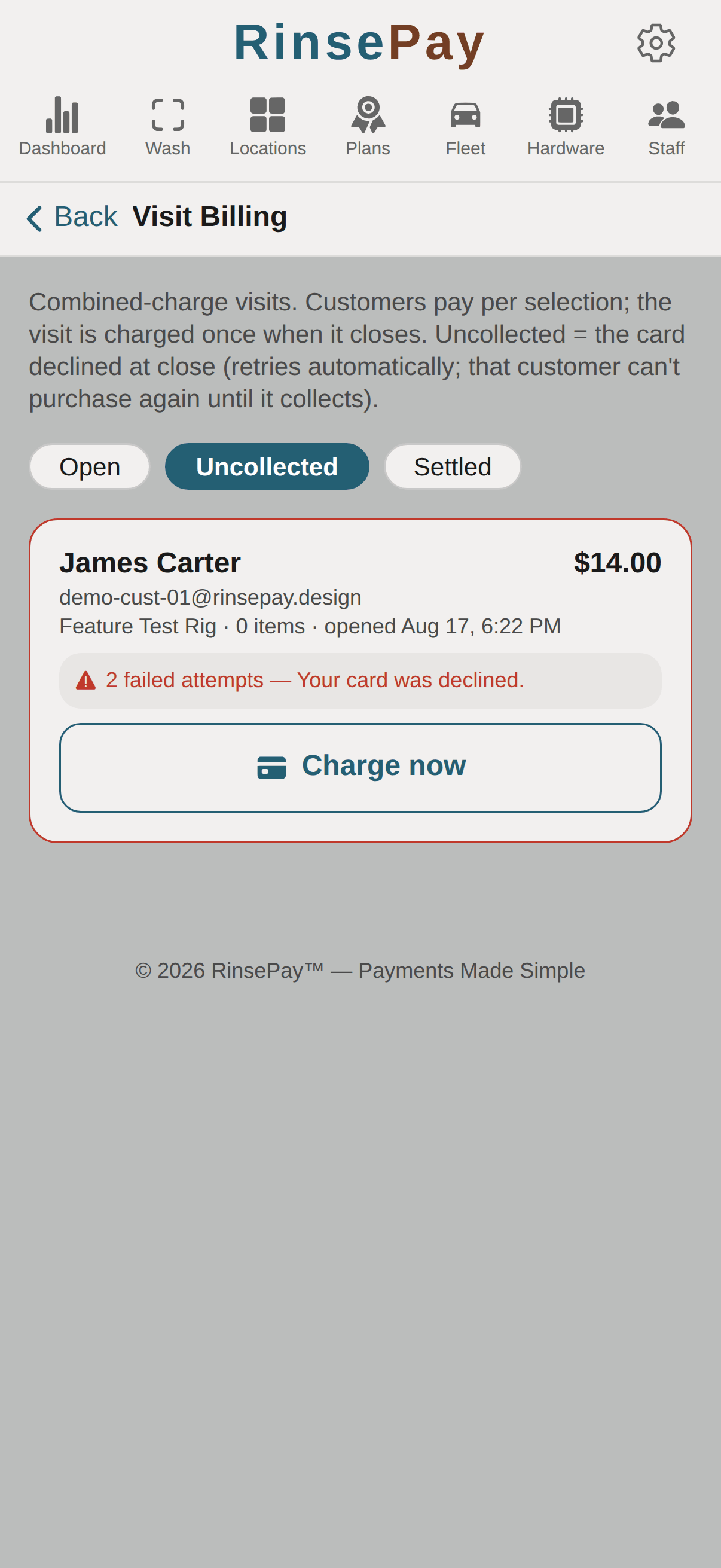 Visit Billing screen — open, uncollected, and settled visits.