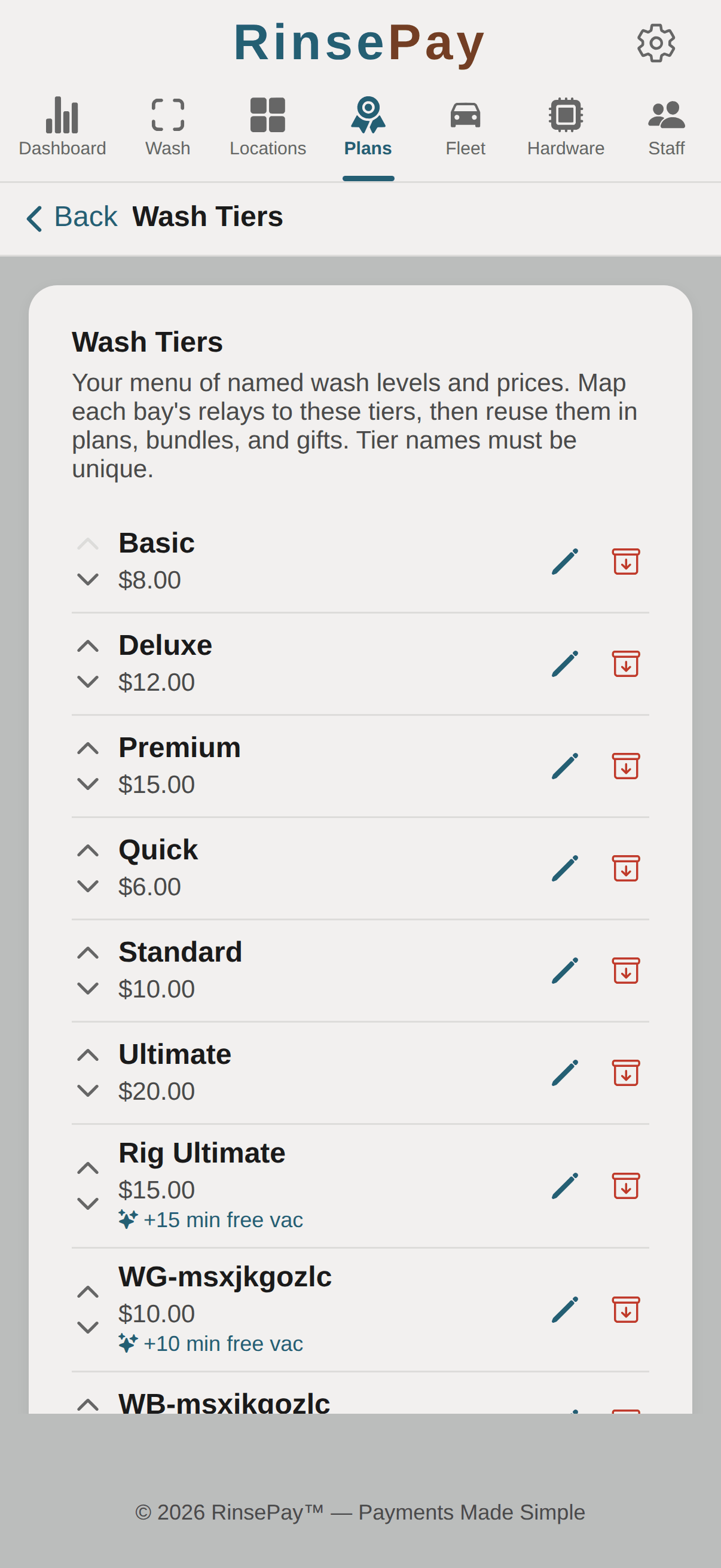 Wash Tiers screen — tier with free vac minutes badge.